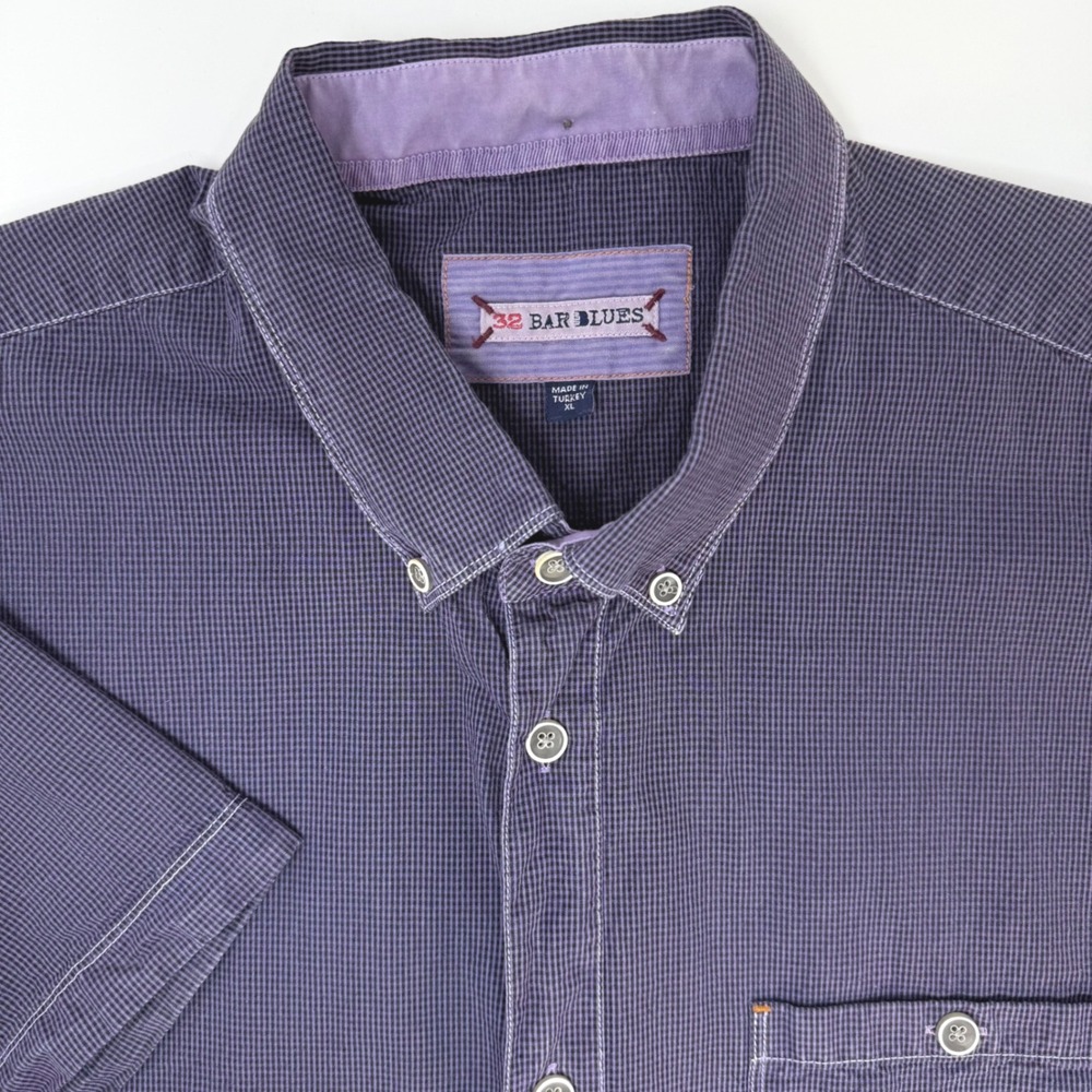 32 Bar Blues Mens XL Purple Micro Check Short Sleeve‎ Cotton Button Down Shirt